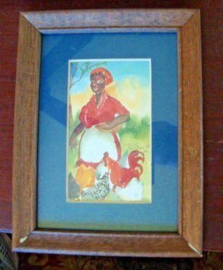 Juanita Courtney Black Americana Woman And Chickens Print In Frame Signed 1986