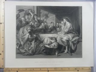 Rare Antique Vtg Mary Anointing The Feet Of Christ Engraving Art Print