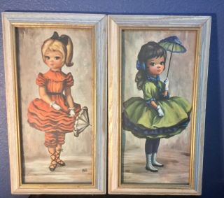 Set Of 2 Vintage Mid Century Maio Glass Framed Prints Darling Girls W/umbrellas