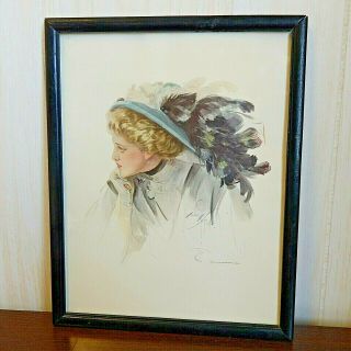 Antique Harrison Fisher 1909 Bobbsmerrill Framed Print,  Lady W/black Feather Hat