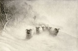 Old Antique Farquharson Print Victorian Shepherd Sheep Farm In Winter Snow Storm