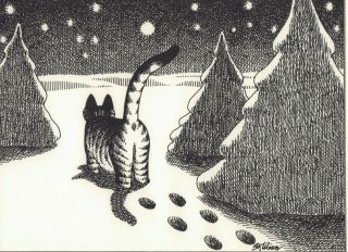 B Kliban Cats CAT SNOW FOOTPRINTS Vintage Funny Cat Art Print 1981 2