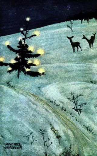 Old Vintage Kirchner Art Print Christmas Night Winter Snow Reindeer Candles Tree