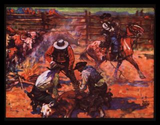 " Branding Time " Western Cowboy Cattle Branding Horses Vintage 1940 " S Art Print