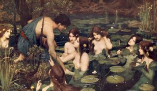 Old Antique Waterhouse Art Print Nude Women Mermaid Tragic Greek Man Hylas Nymph