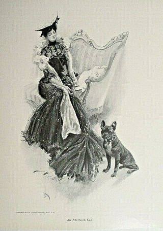Harrison Fisher,  Pretty Lady,  An Afternoon Call,  French Bulldog,  Antique Print