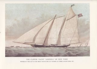 1974 Vintage Currier & Ives Yachting " Clipper Yacht America " Color Lithograph