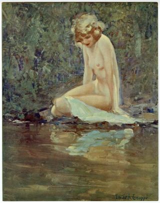 Antique 1920s Emile Albert Gruppe Nude Nymph Fine Art Print Reflecting Pool Rare