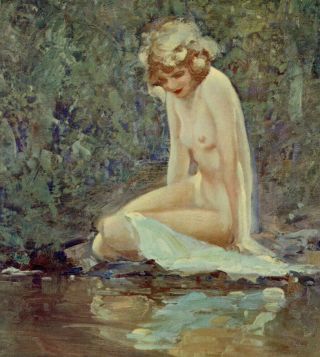 Antique 1920s Emile Albert Gruppe Nude Nymph Fine Art Print Reflecting Pool Rare 2