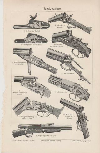 1987 Hunting Rifles,  Shot Guns,  Old Rifles Antique Lithograph Print