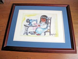 De Grazia Signed - Framed Art Print " Girl With Sewing Machine - Indian Girl
