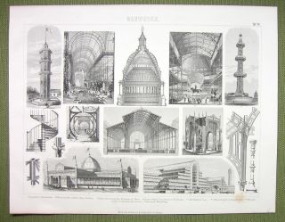 Architecture Exhibition Halls Crystal Palaces York - 1870s Engraving Print