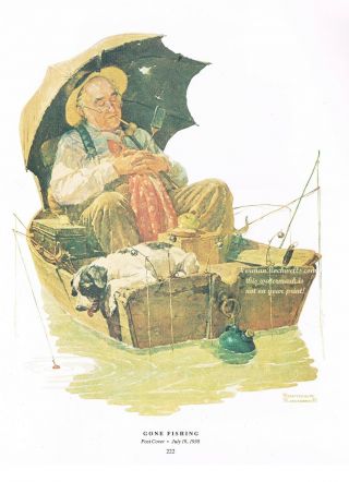 Norman Rockwell Print " Gone Fishing " Grandpa Asleep In Rowboat Dog Retired