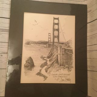 Golden Gate Bridge San Francisco Matted Signed Drawing Print Don Davey 1977 Rare