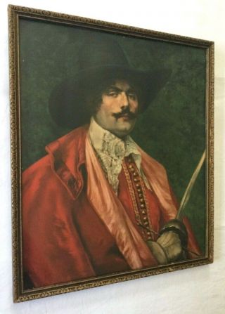 Vintage Portrait Print Spanish Soldier Cavalier - Ornate Carved Wooden Frame