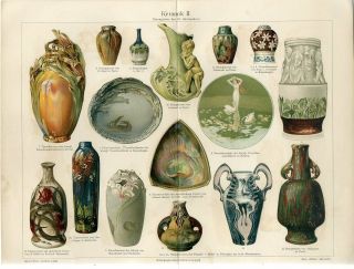 1898 Art Nouveau Ornaments Ceramics Vases Meissen Antique Chromolithograph Print