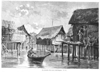 Singapore,  Singapour,  Malay Village Large Wood Engraving From 1887