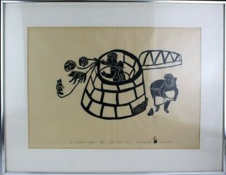 Artist Pencil Signed 1969 Limited Edition Inuit Eskimo Igloo Stone Cut Print Srd