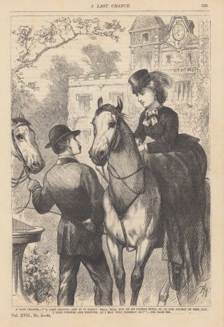 Victorian Lady Riding Horse Side Saddle Sidesaddle Antique Art Print 1878