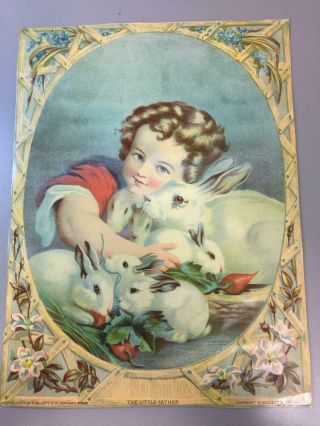 Vintage Print " The Little Father " By H.  Hallett Little Boy With 5 Rabbits