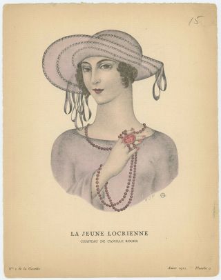 Gazette Du Bon Ton Art Deco Pochoir 1921 Valentine Hugo Hatted Flapper Great