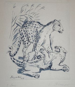 Vintage Signed Etching Of Two Leopards By E.  Densler.  Listed