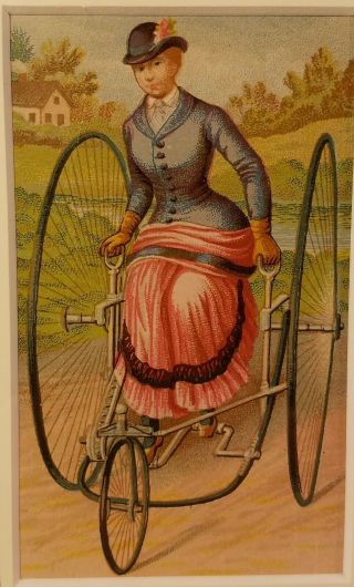 Early High Wheel Bicycle Ride Woman Steering Antique Mechanical Marvel Framed