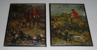 Pair Vintage 1930s Reverse Glass Silhouette W Convex Glass Fox Hunting Scenes