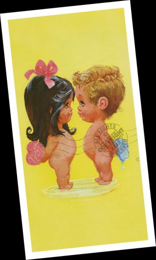 W M Otto Big Eye Children Boy,  Girl In Bath Kitsch Nude Cuties Art 1970s Groovy