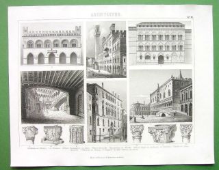 Architecture In Italy Venice Siena Piacenza Florence - Antique Print