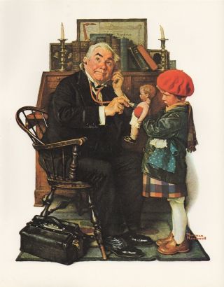 Norman Rockwell Print " Doctor And Doll " Little Girl Office Color Lithograph