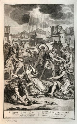 18th C.  Bible Print: Acts 7:58 Stephen Stoned