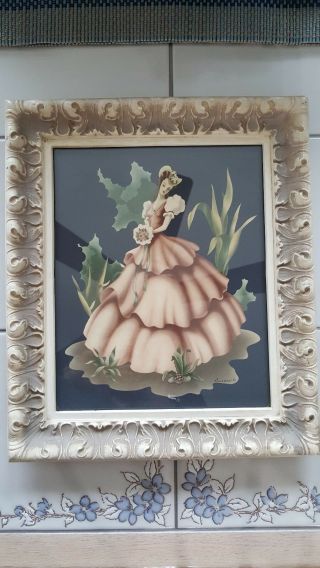 Vintage Turner Silkscreen Print Victorian Lady W Bouquet Mid Century Frame 12x14