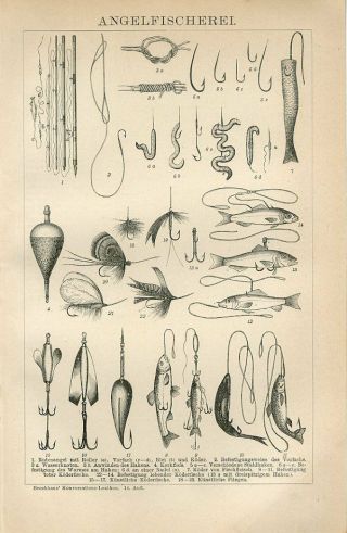 1894 Vintage Fishing Equipment Baits Lures Antique Engraving Print