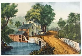 Vintage 1970 ' s Currier and Ives The Roadside Mill Print 2