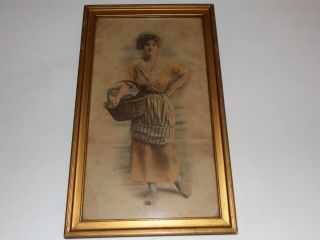 Vintage Framed Colored Print - Young Lady W/basket & Wooden Shoes