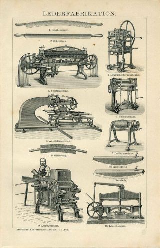 1894 Leather Manufacturing Mashines Instruments Antique Engraving Print