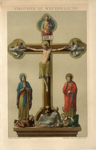 1895 Wechselburg Crucifix Jesus Christ On The Cross Chromolithograph Print
