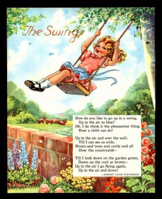 Vintage 1961 " The Swing " By Robert Louis Stevenson Little Girl Poem Art Print