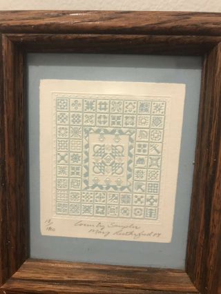 Mary Rutherford Country Sampler Signed Quilt Farm Folk Art Embossed Blue 18/1800