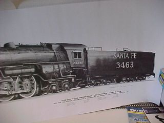 Railroad Art,  Staufer,  ATSF Hudson,  4 - 6 - 4,  3463,  charcoal drawingw/specs.  35X14 