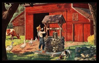 " Old Oaken Bucket " Farm Boy Well Barn Chickens Cow 1960 " S Art Print
