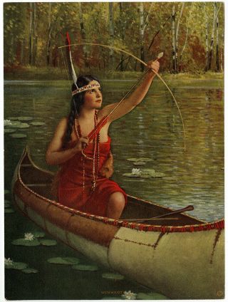 1920s Art Deco Fine Art Print Indian Maiden Minneota Bow & Arrow Canoe