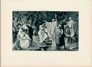 Antique Old Vintage Art Print History King Charlemagne Saxon Witiking Baptism