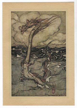 Antique 1913 Arthur Rackham Art Nouveau Sea Monster Dragon Tipped In Color Print