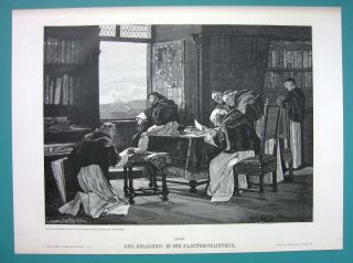 Monks Study In Monastery Library - Victorian Era Print