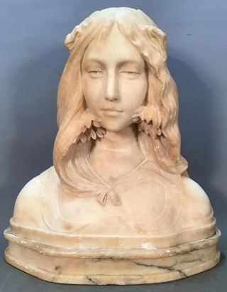 Lg Antique Art Nouveau Deco Lady Bust Carved Alabaster Marble Sculpture Statue