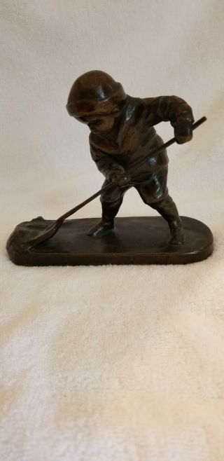 German Solid Bronze From Early 1900s Sculpture - Boy Shoveling Snow