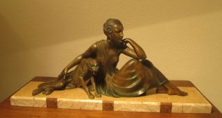 Stunning French Art Deco Sculpture 1925,  Lady With Panther - Signed: Godard