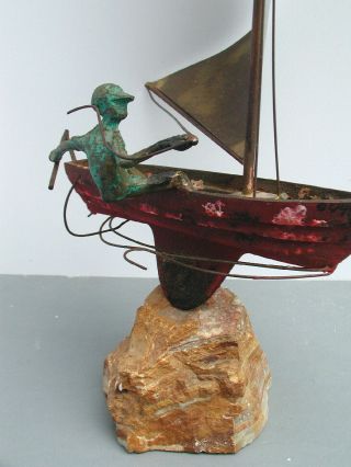 Mcm Signed 1972 C.  Jere Mixed Metals Sculpture Sailboat W/ Captain